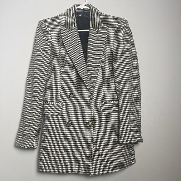 Zara Jackets & Blazers - Zara Womens Houndstooth Double Breasted Blazer Sz L White Black Office Career